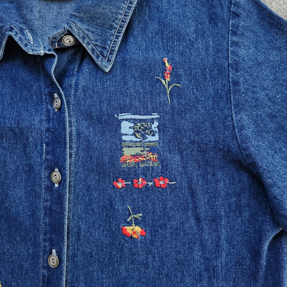 90s Cottagecore Denim Shirt Size XL Embroidered Short Sleeve Grandma Garden - Picture 6 of 10